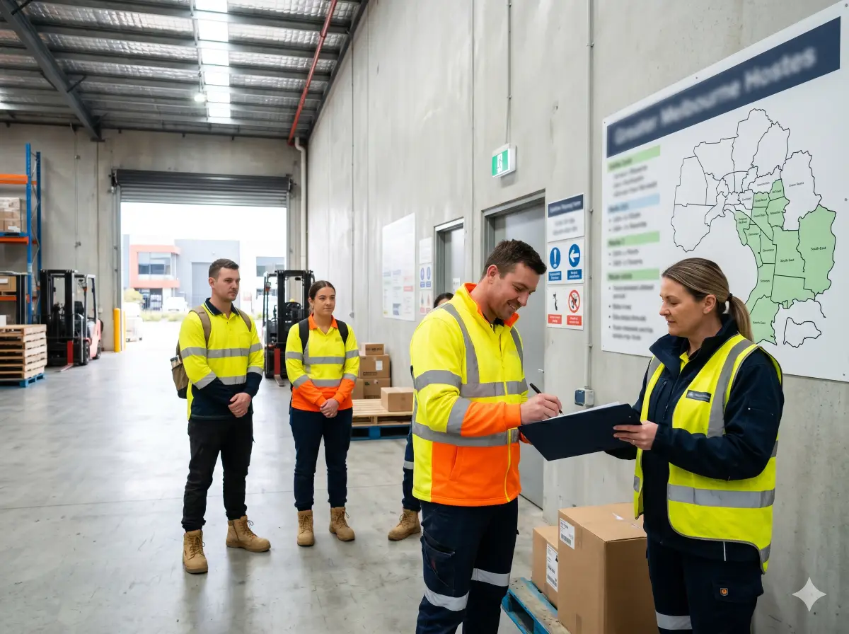 Workers arriving at a warehouse entrance while a supervisor checks names on a roster