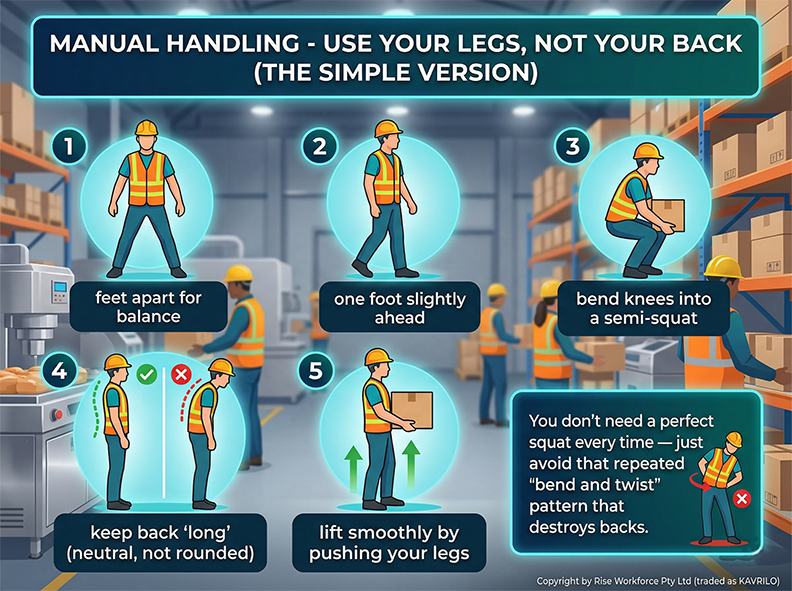 An infographic illustrating correct manual handling and safe lifting techniques in a factory or warehouse setting, including steps to use legs and maintain a neutral back.
