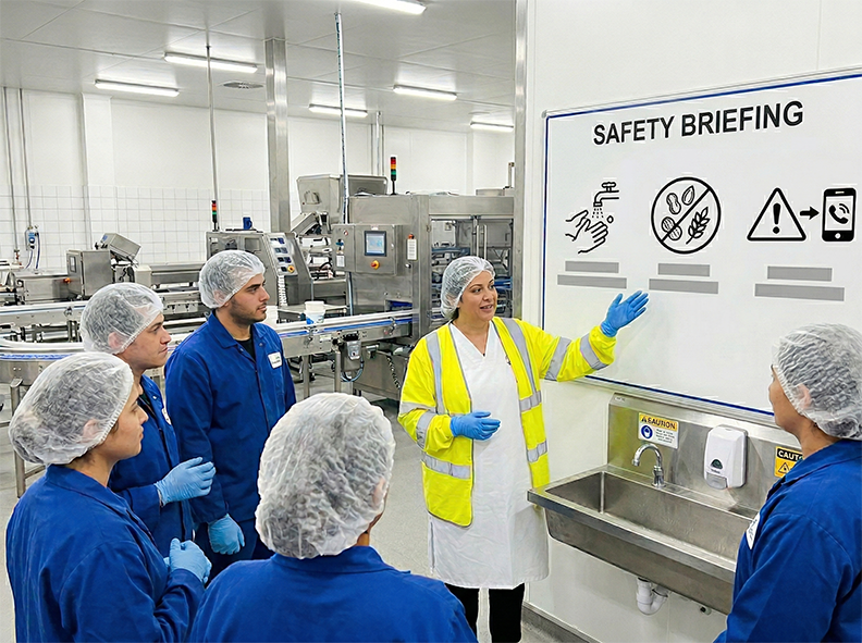 A supervisor in a high-visibility coat and clean PPE points to a whiteboard with hygiene and safety icons while briefing a group of workers in a modern food production facility.