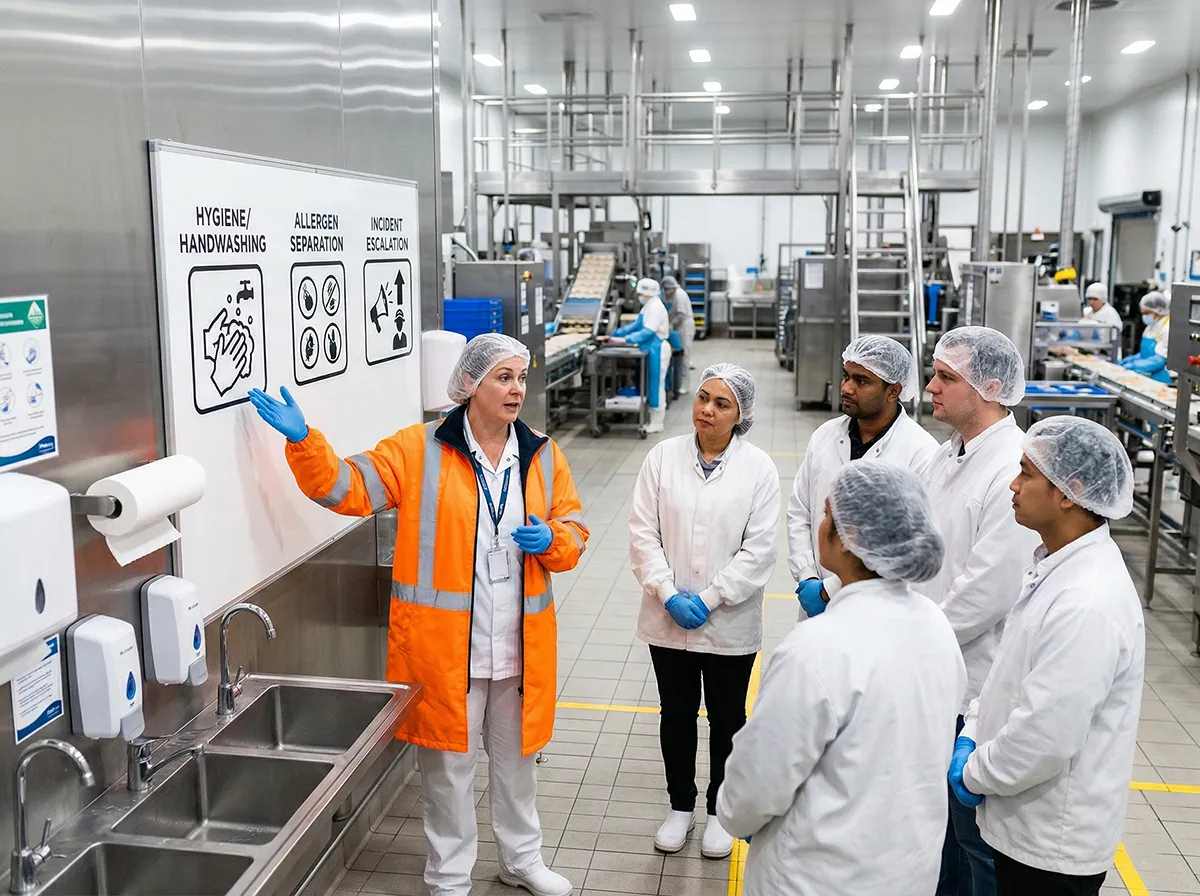 A supervisor in a high-visibility coat and clean PPE points to a whiteboard with hygiene and safety icons while briefing a group of workers in a modern food production facility.