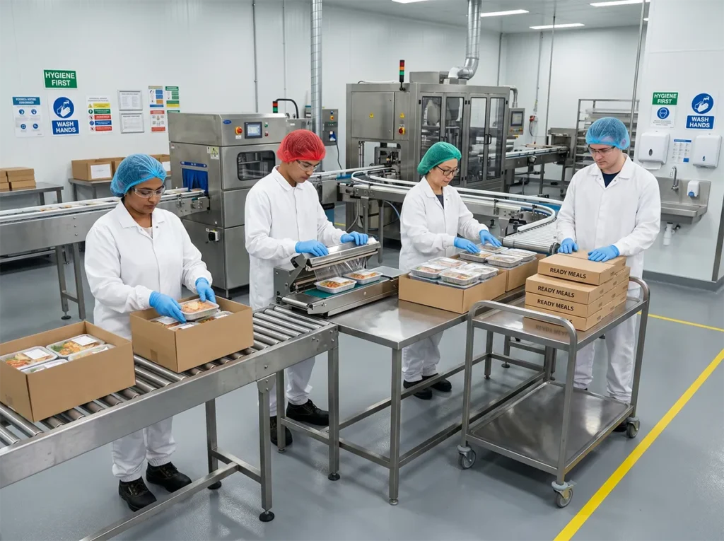 Food production workers packing products safely on a hygienic line in South-East Melbourne.