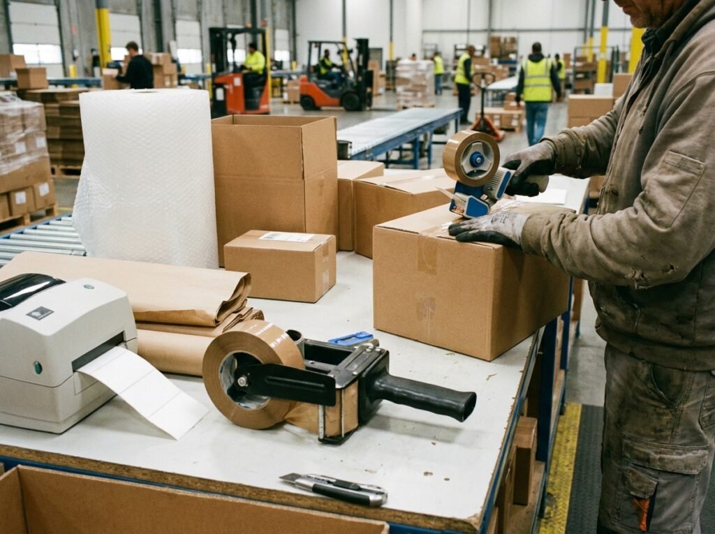 Packing bench with cartons, tape dispenser and label printer while a worker seals boxes
