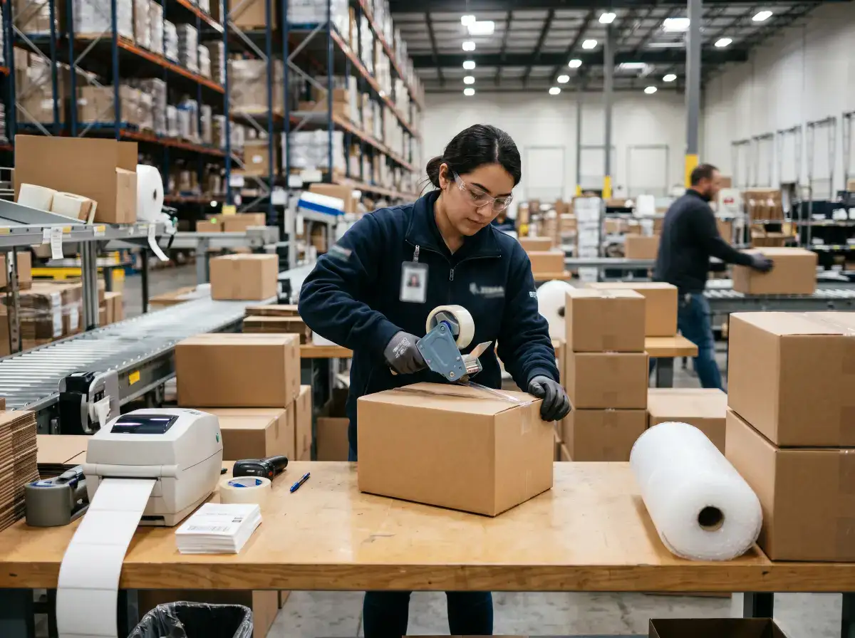 Packing bench with cartons, tape dispenser and label printer while a worker seals boxes