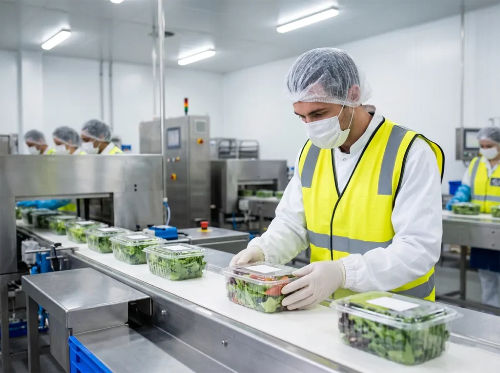 Food production worker checking packed products carefully on a line in South-East Melbourne.