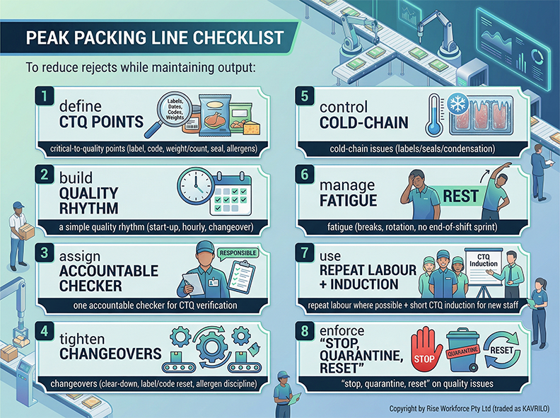 An infographic visualizing the 'Peak Packing Line Checklist' for food production, featuring eight professional points with icons. The checklist covers critical quality points, rhythms, accountable checkers, changeovers, cold-chain control, fatigue management, labour use, and protocols for quality issues. At the top left is the title 'Peak Packing Line Checklist'. Copyright 'Copyright by Rise Workforce Pty Ltd (traded as KAVRILO)' is on the bottom right.