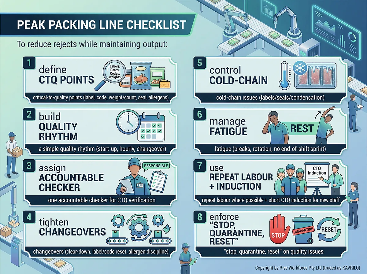 An infographic visualizing the 'Peak Packing Line Checklist' for food production, featuring eight professional points with icons. The checklist covers critical quality points, rhythms, accountable checkers, changeovers, cold-chain control, fatigue management, labour use, and protocols for quality issues. At the top left is the title 'Peak Packing Line Checklist'. Copyright 'Copyright by Rise Workforce Pty Ltd (traded as KAVRILO)' is on the bottom right.