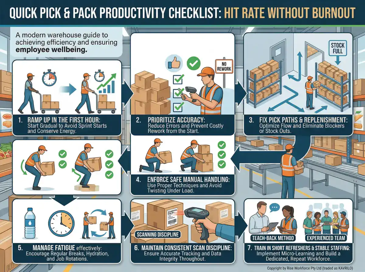 A professional infographic summarizing the eight points of the Quick Pick & Pack Productivity Checklist for warehouse and factory settings.