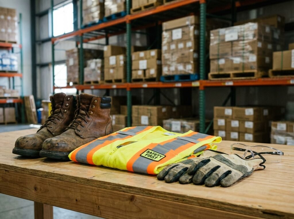 Steel cap boots, hi-vis vest, gloves and safety glasses laid out neatly
