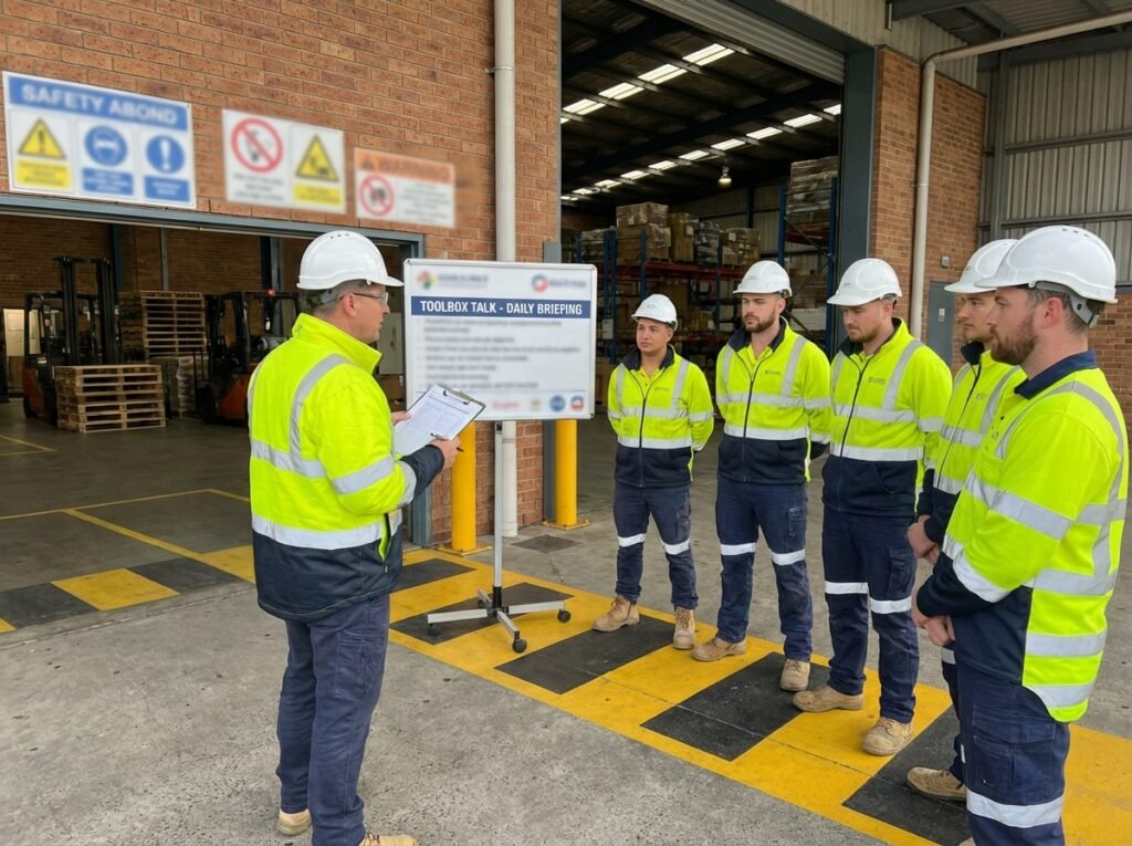 Supervisor giving a short pre-shift briefing to workers near a warehouse entrance