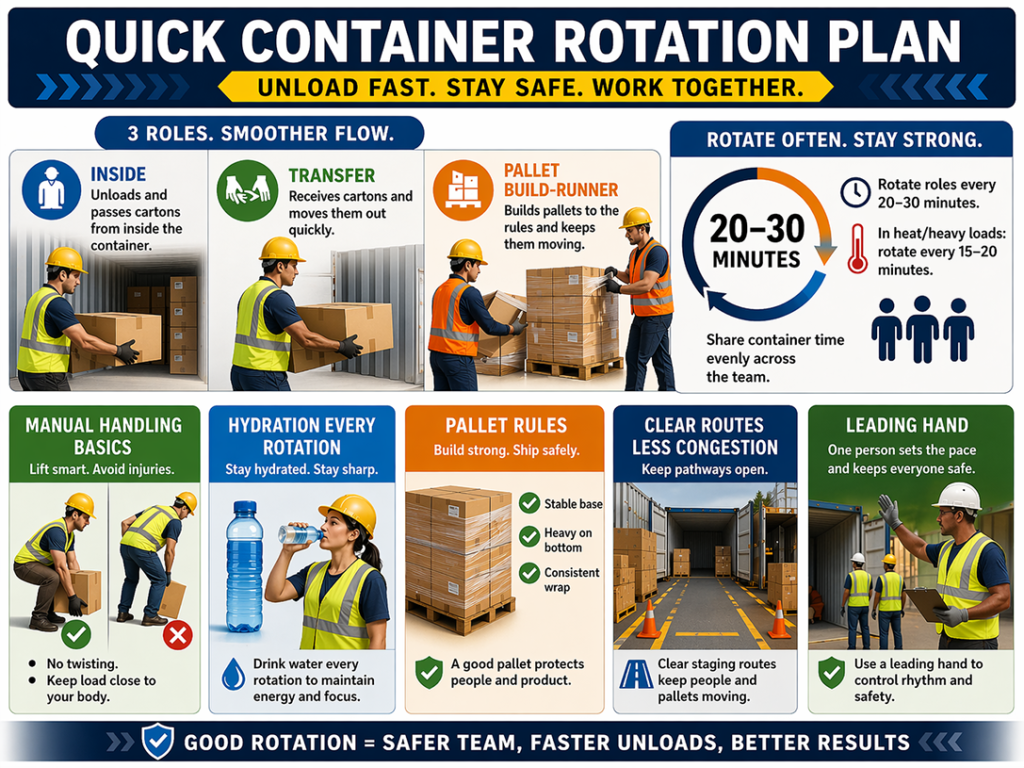 Warehouse container unloading rotation plan showing three roles (inside, transfer, pallet runner), safety rules, hydration breaks and pallet stacking guidelines