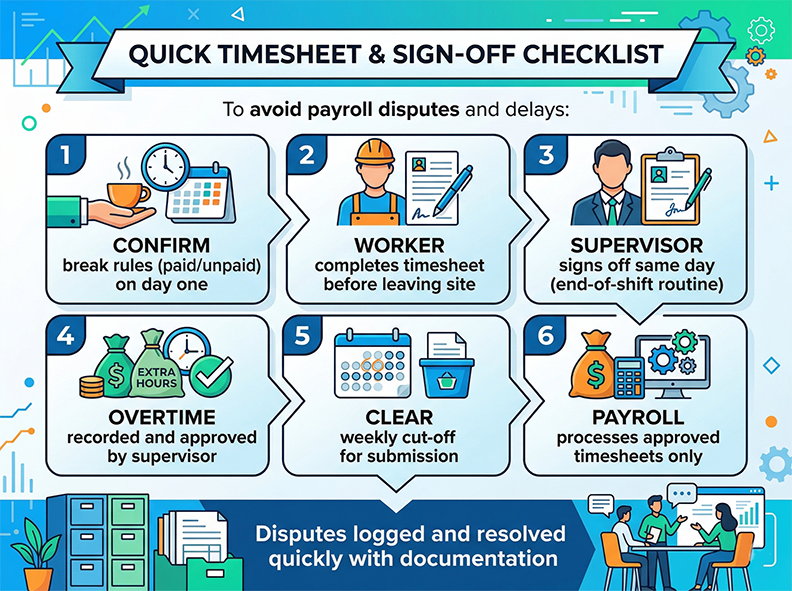 A modern infographic showing a 6-step timesheet checklist to avoid payroll disputes. Includes tips like confirming breaks, worker completion, supervisor sign-off, recording overtime, setting weekly cut-offs, and payroll processing.