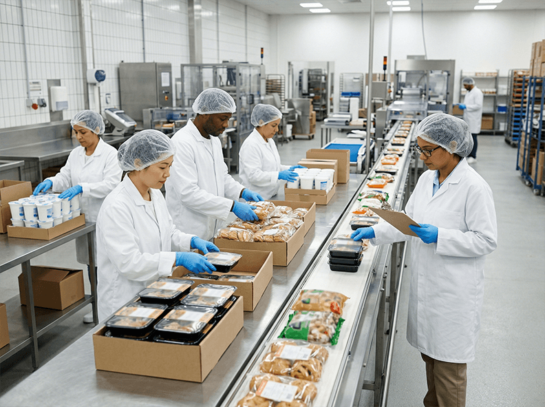 Workers packing food products on a clean line while a supervisor checks packaging quality