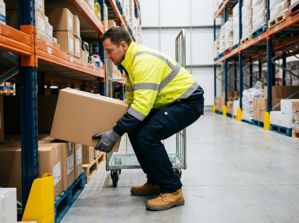 Worker lifting a carton with knees bent and neutral spine in a warehouse