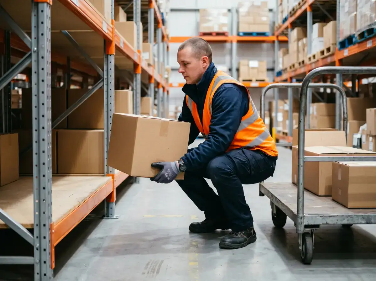 Worker lifting a carton with knees bent and neutral spine in a warehouse