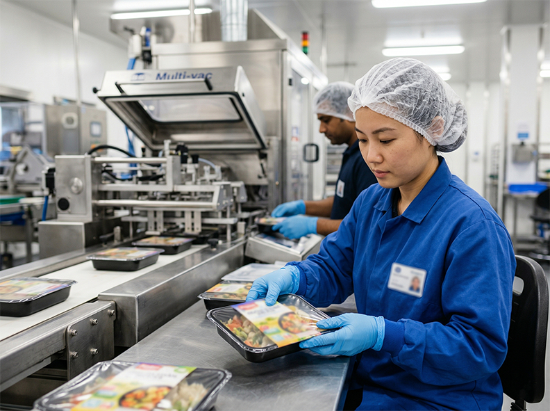 Worker inspecting seal integrity on a packaged tray on a food production packing line