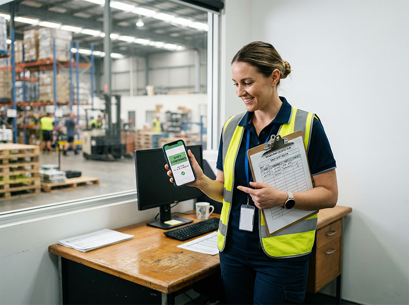 Supervisor holding a phone with a confirmation message next to a roster sheet