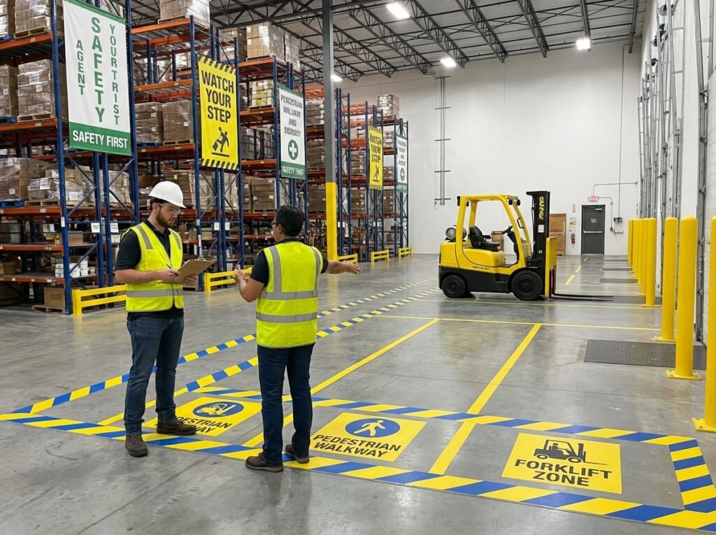 Worker listening to a site induction near pedestrian walkways and forklift zones
