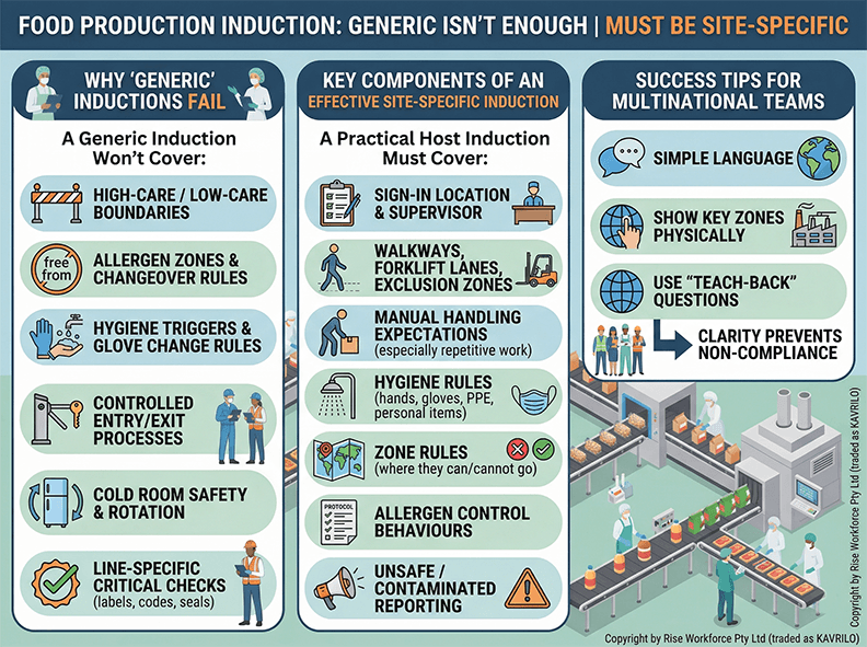 A professional corporate infographic illustrating the difference between generic and site-specific inductions in a food production setting, detailing key coverage areas and success tips