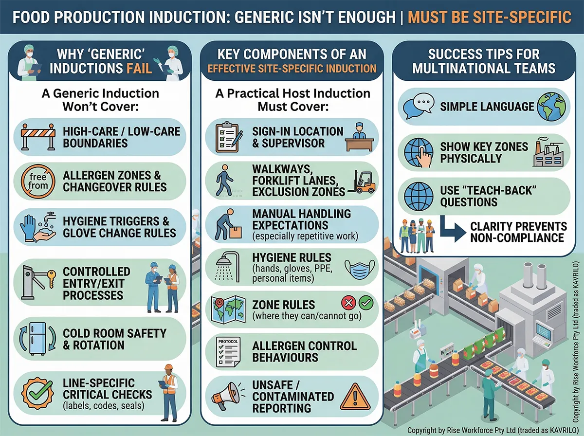 A professional corporate infographic illustrating the difference between generic and site-specific inductions in a food production setting, detailing key coverage areas and success tips.
