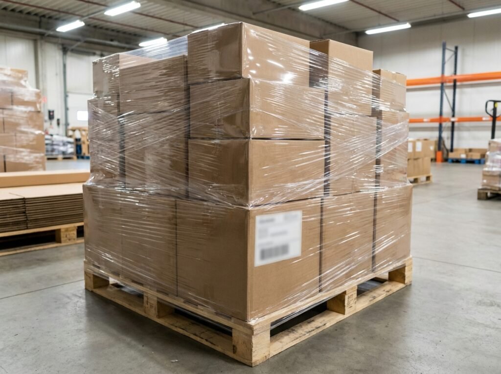 Evenly stacked pallet wrapped securely in a staging zone