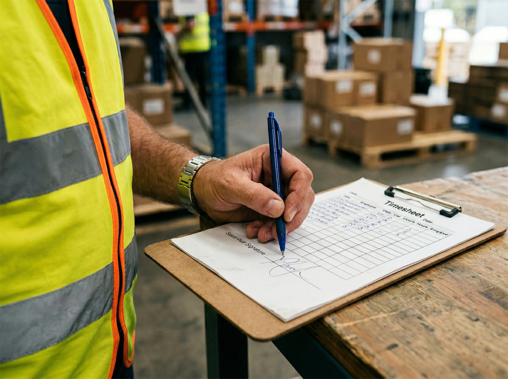 Close-up of a supervisor signing a timesheet on a clipboard