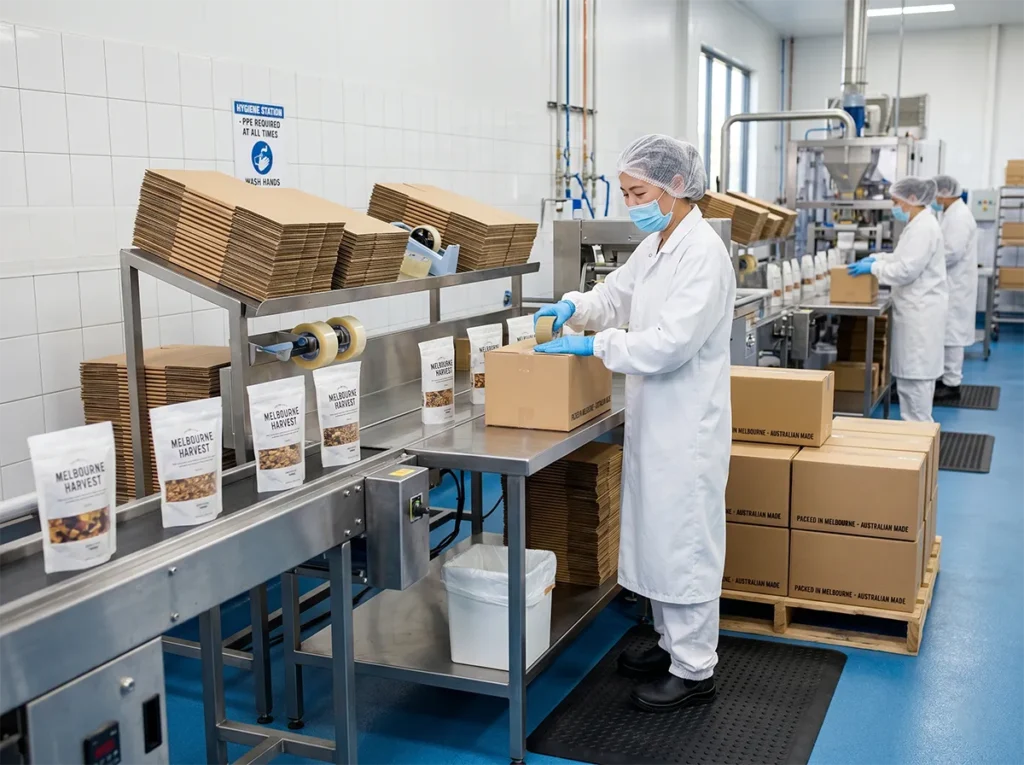Tidy food production packing line workstation in South-East Melbourne.