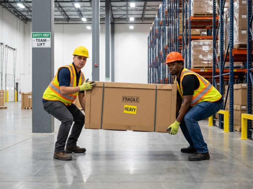Two workers coordinating a two-person lift in a warehouse