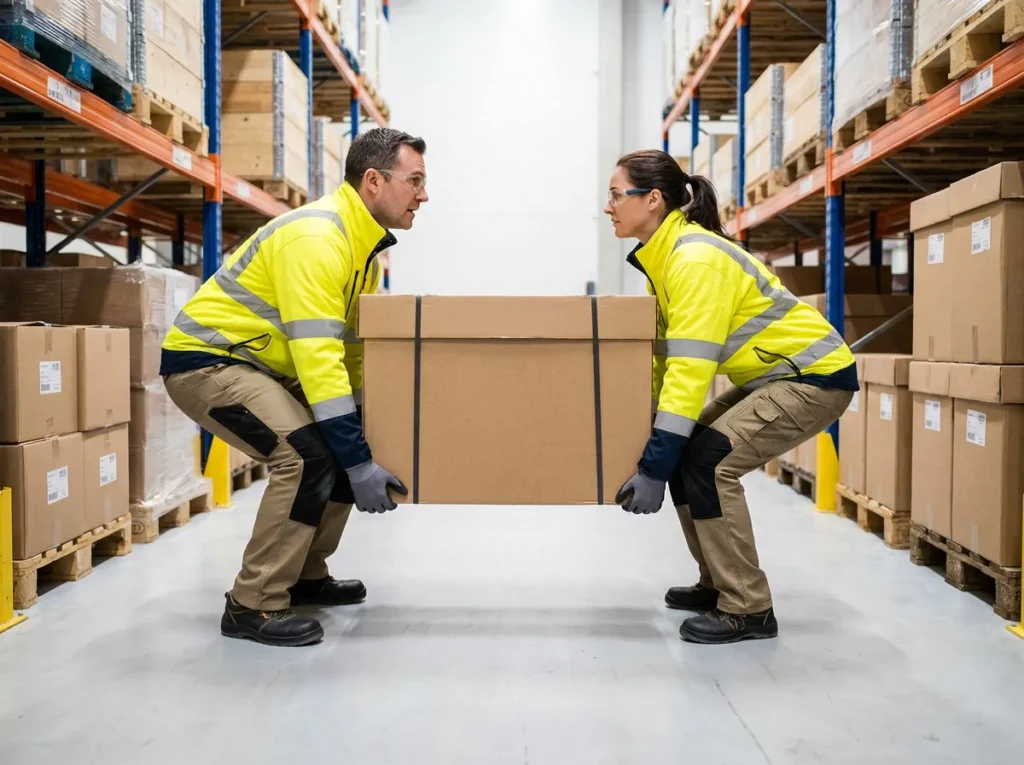 Two workers coordinating a two-person lift in a warehouse