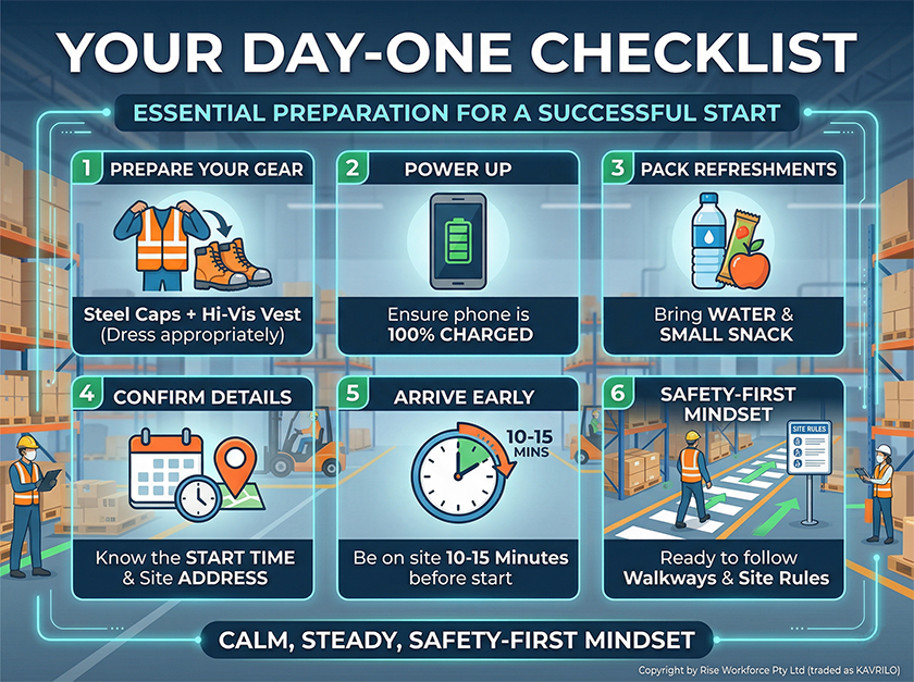 An infographic providing a day-one checklist for warehouse and factory workers, including gear preparation, charging phones, packing snacks, and arriving early.