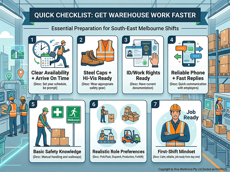An infographic illustrating seven essential steps to get warehouse work faster in South-East Melbourne, featuring icons for availability, safety gear, documentation, and mindset.