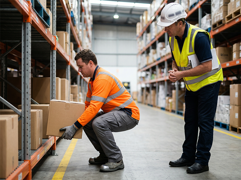 Worker demonstrating correct lifting technique while a supervisor observes