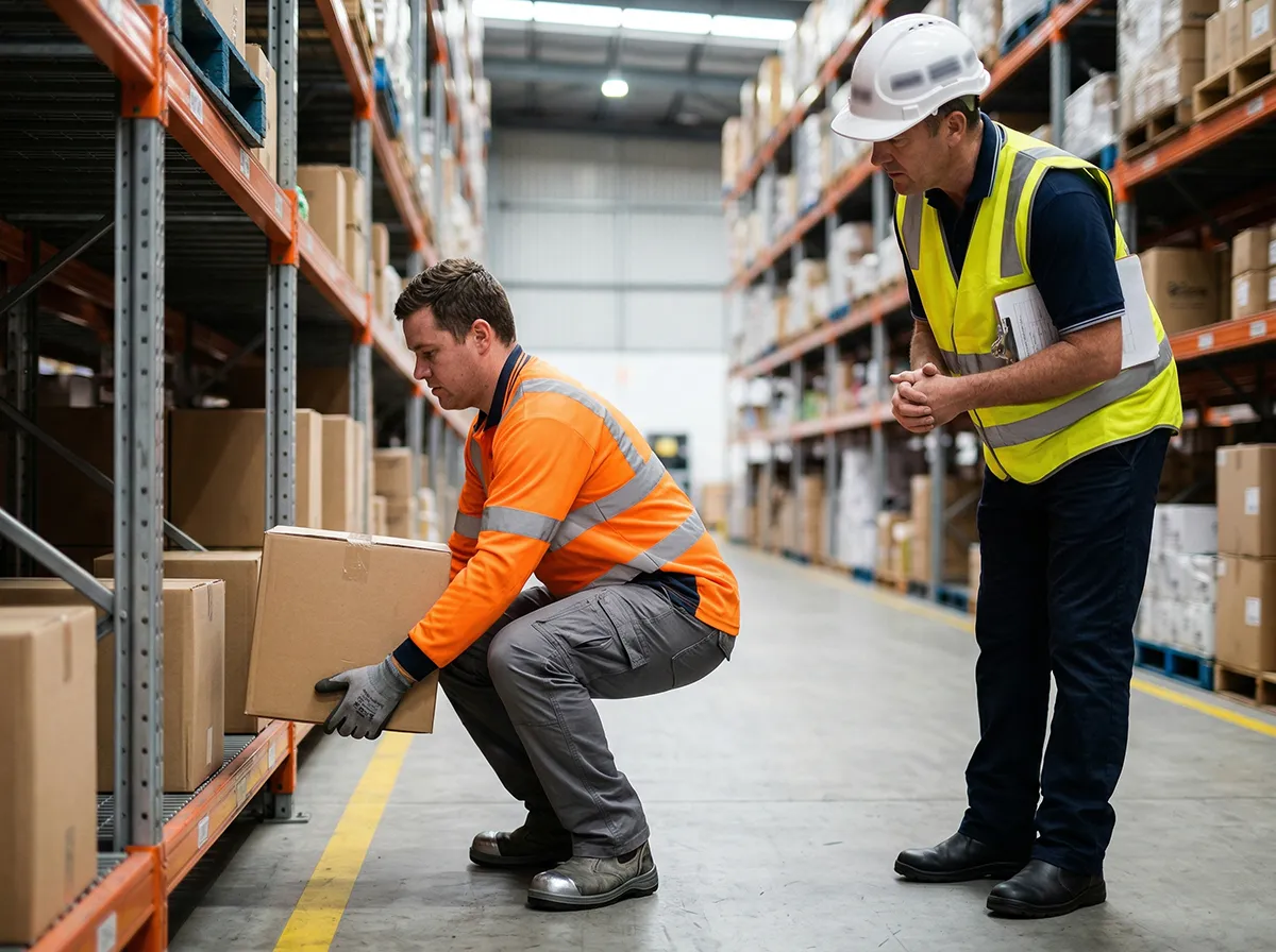 Worker demonstrating correct lifting technique while a supervisor observes