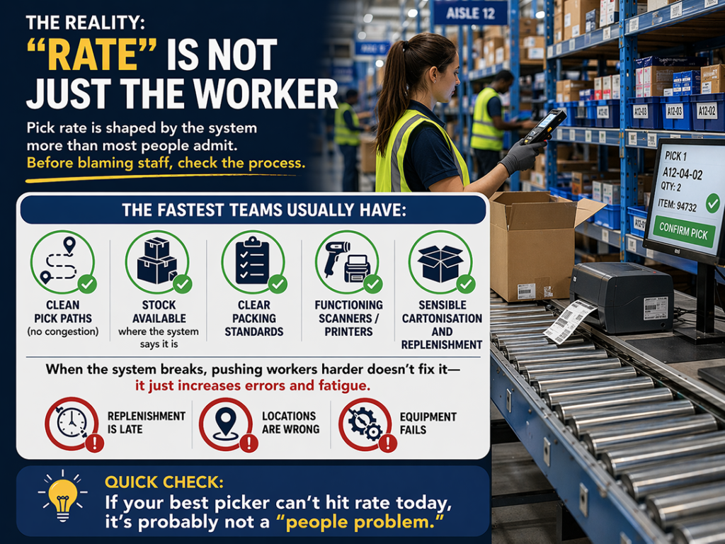 Picking and packing warehouse workers using scanners with organised pick paths showing system factors affecting pick rate performance