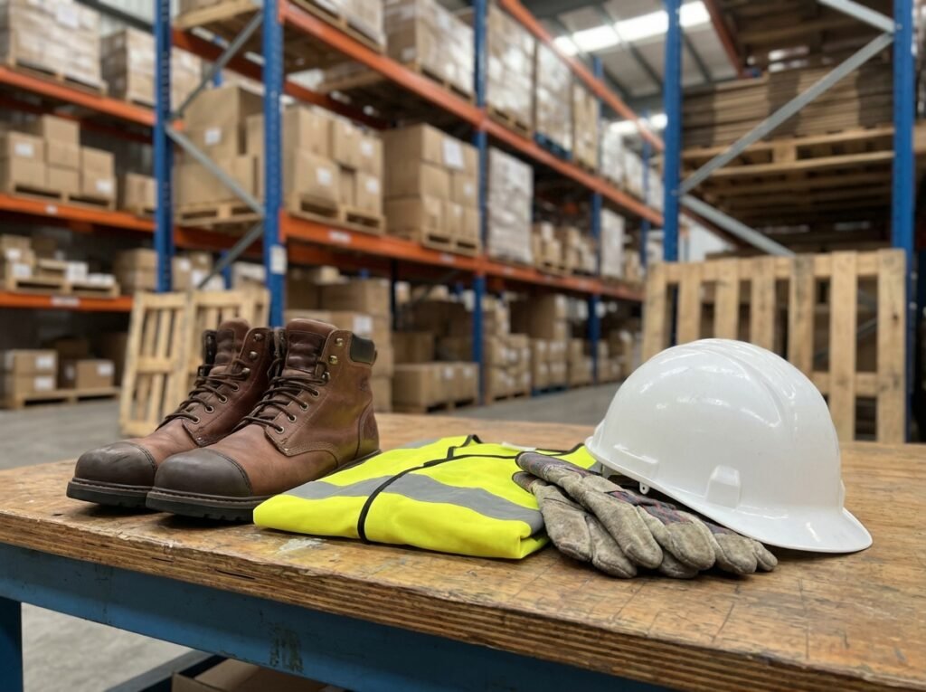 Steel cap boots, hi-vis vest and gloves laid out neatly