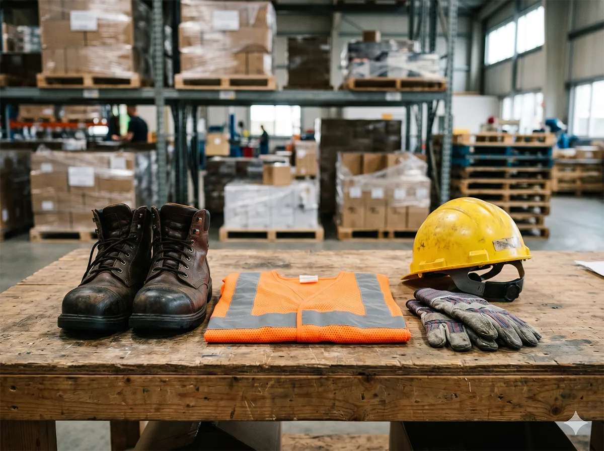 Steel cap boots, hi-vis vest and gloves laid out neatly