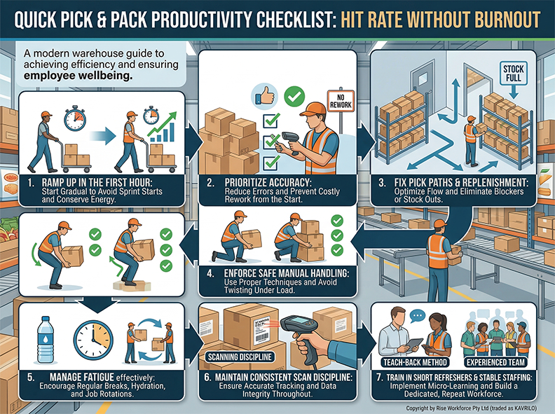An infographic illustrating a 7-step checklist for warehouse productivity and worker wellbeing. The seven points cover ramping up work gradually, accuracy, optimizing pick paths, safe lifting, fatigue management, scan discipline, and micro-training for a stable workforce, set in a professional warehouse with illustrated workers.