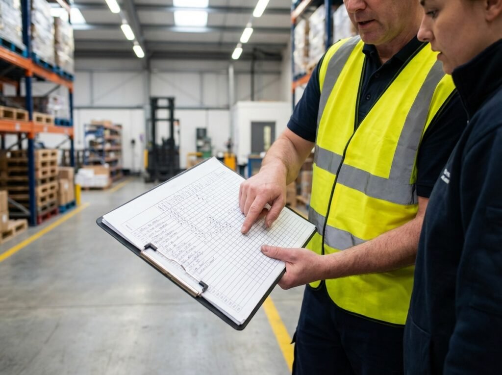 Supervisor pointing at a roster board with staffing changes