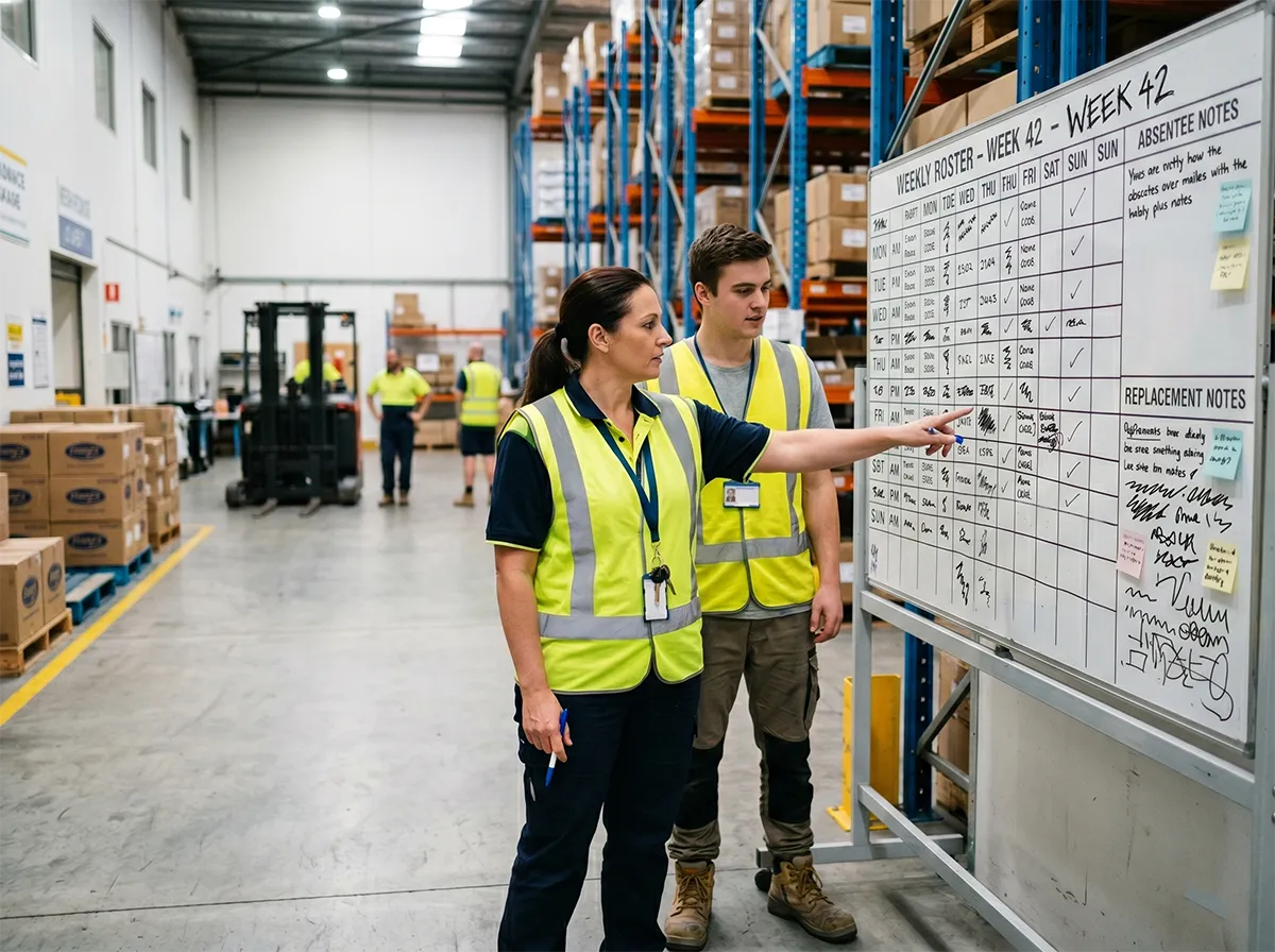 Supervisor pointing at a roster board with staffing changes