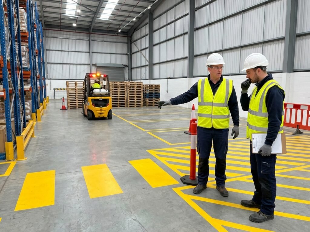 Supervisor briefing a worker near safety floor markings in a warehouse