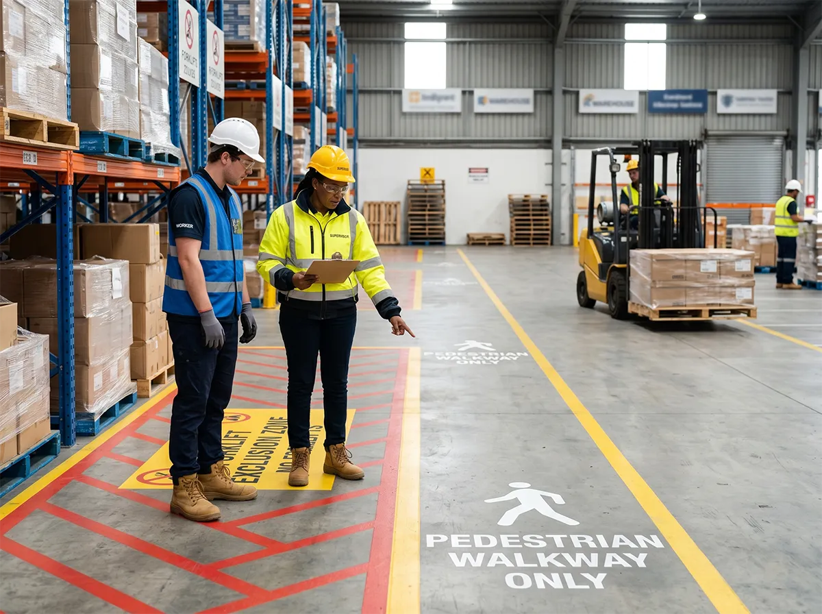 Supervisor briefing a worker near safety floor markings in a warehouse