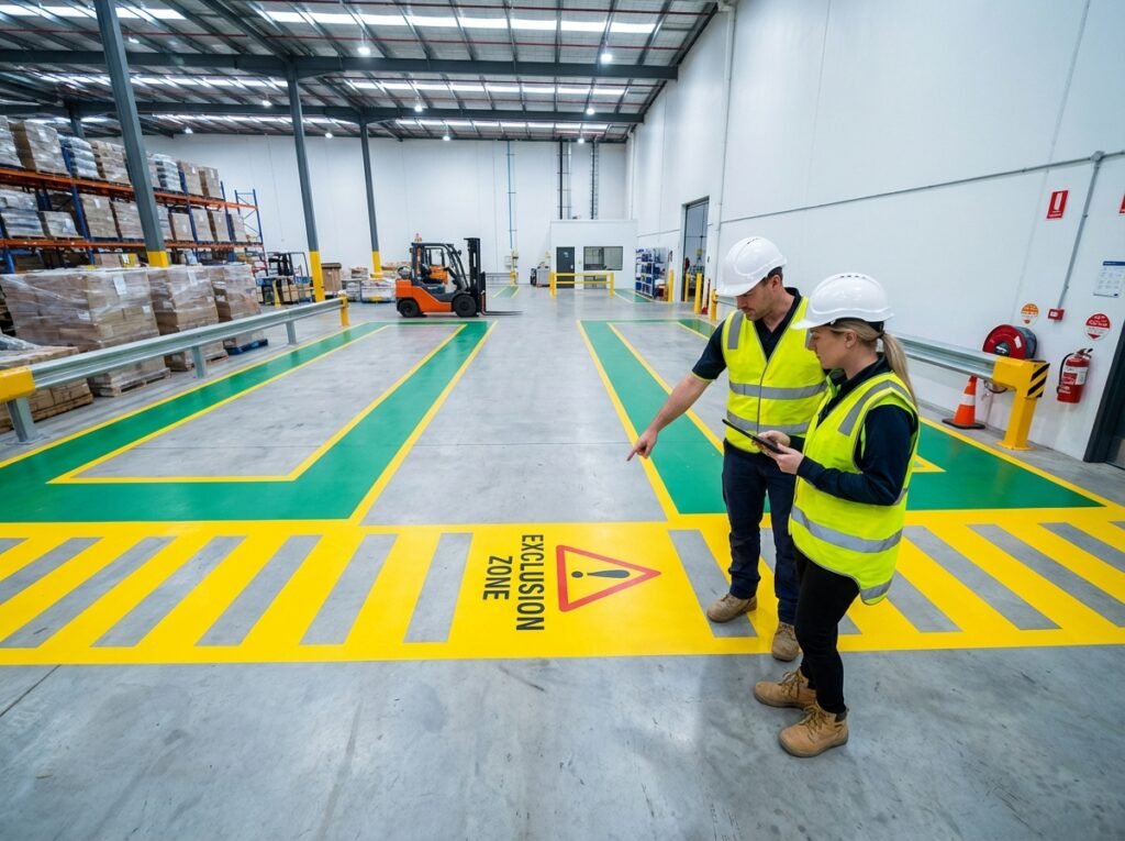 Worker listening to an induction near pedestrian walkways and forklift zones