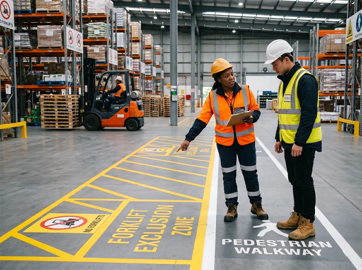 Worker listening to an induction near pedestrian walkways and forklift zones