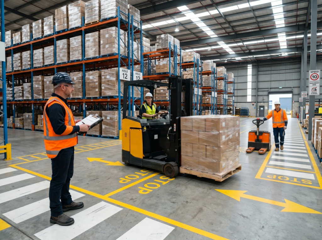 Warehouse supervisor observing forklift driving behaviour in South-East Melbourne.