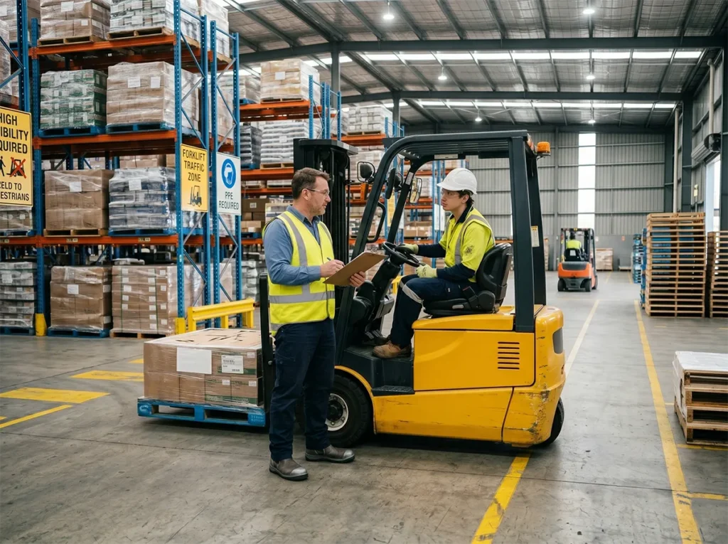 Supervisor calmly correcting a new forklift operator in South-East Melbourne.