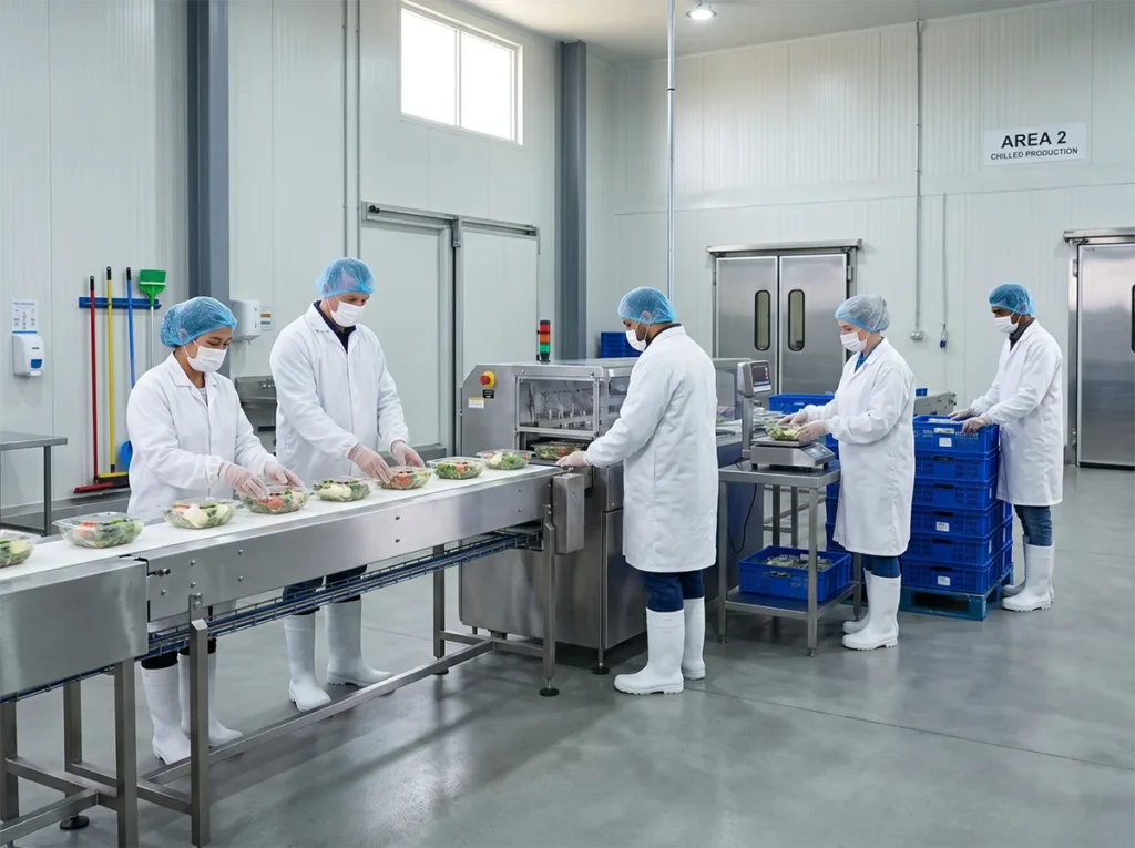 Workers packing products on a chilled food production line in South-East Melbourne.