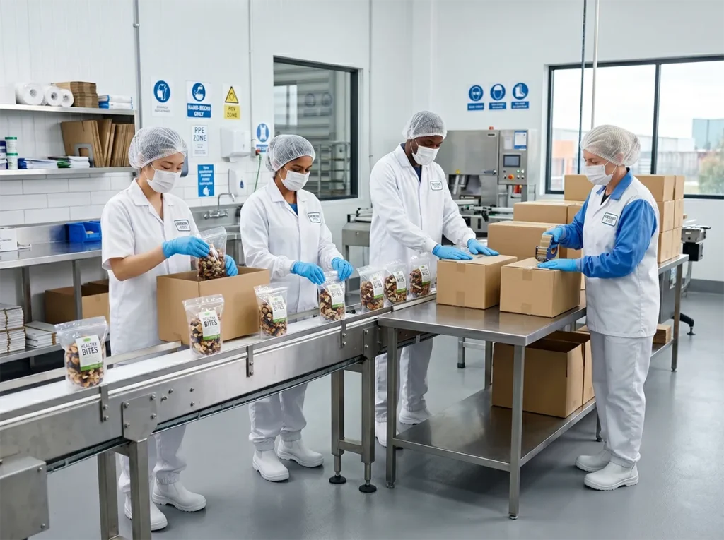 Food production workers packing products safely on a clean line in South-East Melbourne.