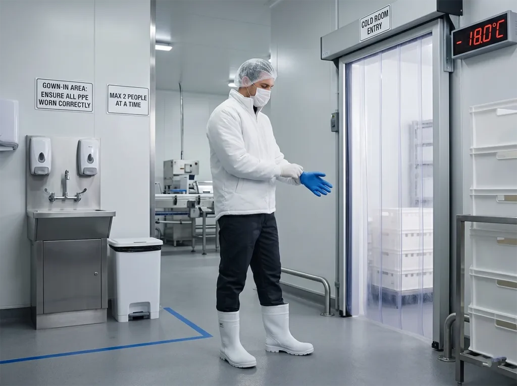 Worker preparing with correct PPE for a cold room food production shift in South-East Melbourne.