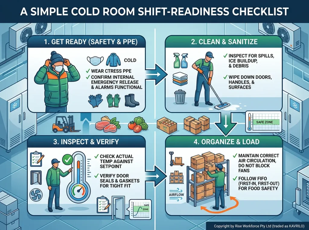 Infographic outlining a simple cold room shift-readiness checklist for food production safety. It features six illustrated steps: PPE readiness from head-to-toe, health assessment, environment check, equipment and tools verification, task and shift plan, and final check-in. Includes copyright by Rise Workforce Pty Ltd (traded as KAVRILO).