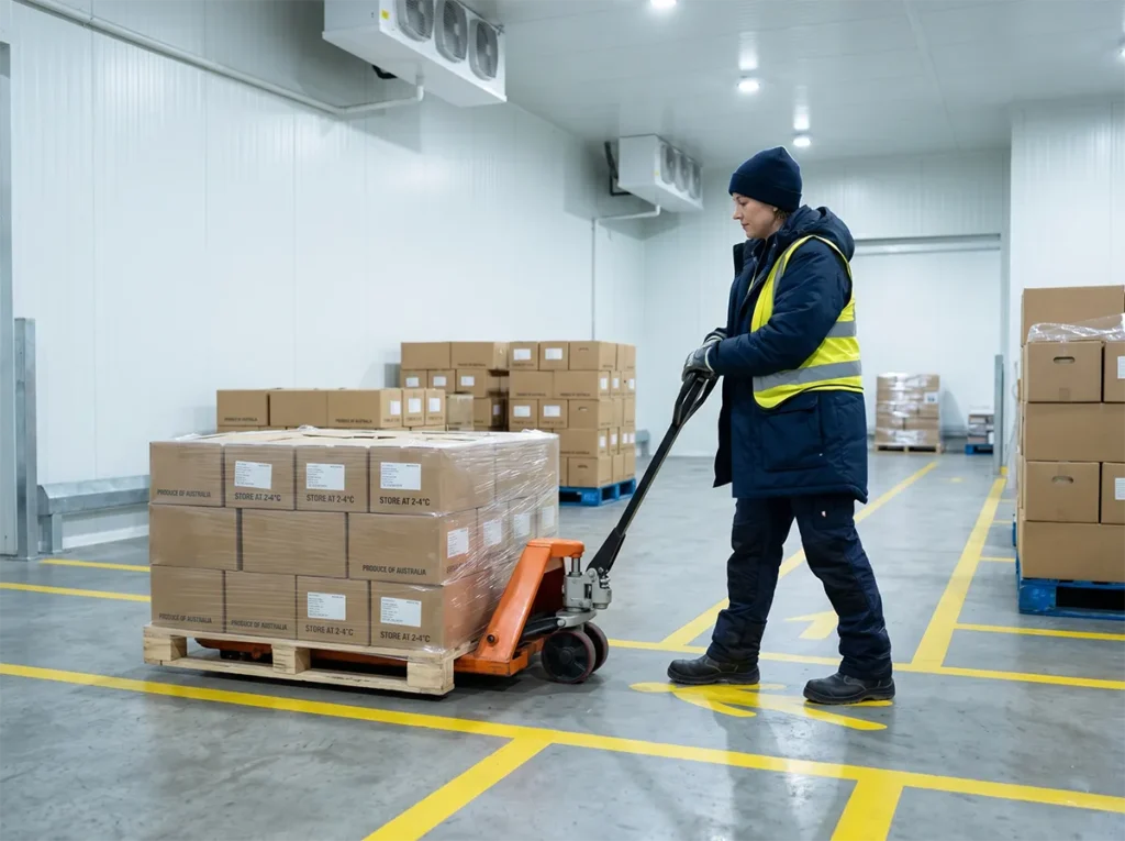Worker moving stock safely in a cold storage dispatch area in South-East Melbourne.