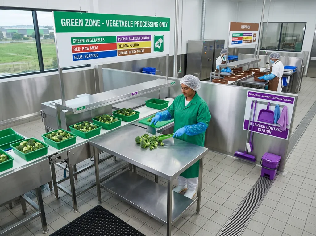 Colour-coded tools used for allergen control in a food production site in South-East Melbourne.